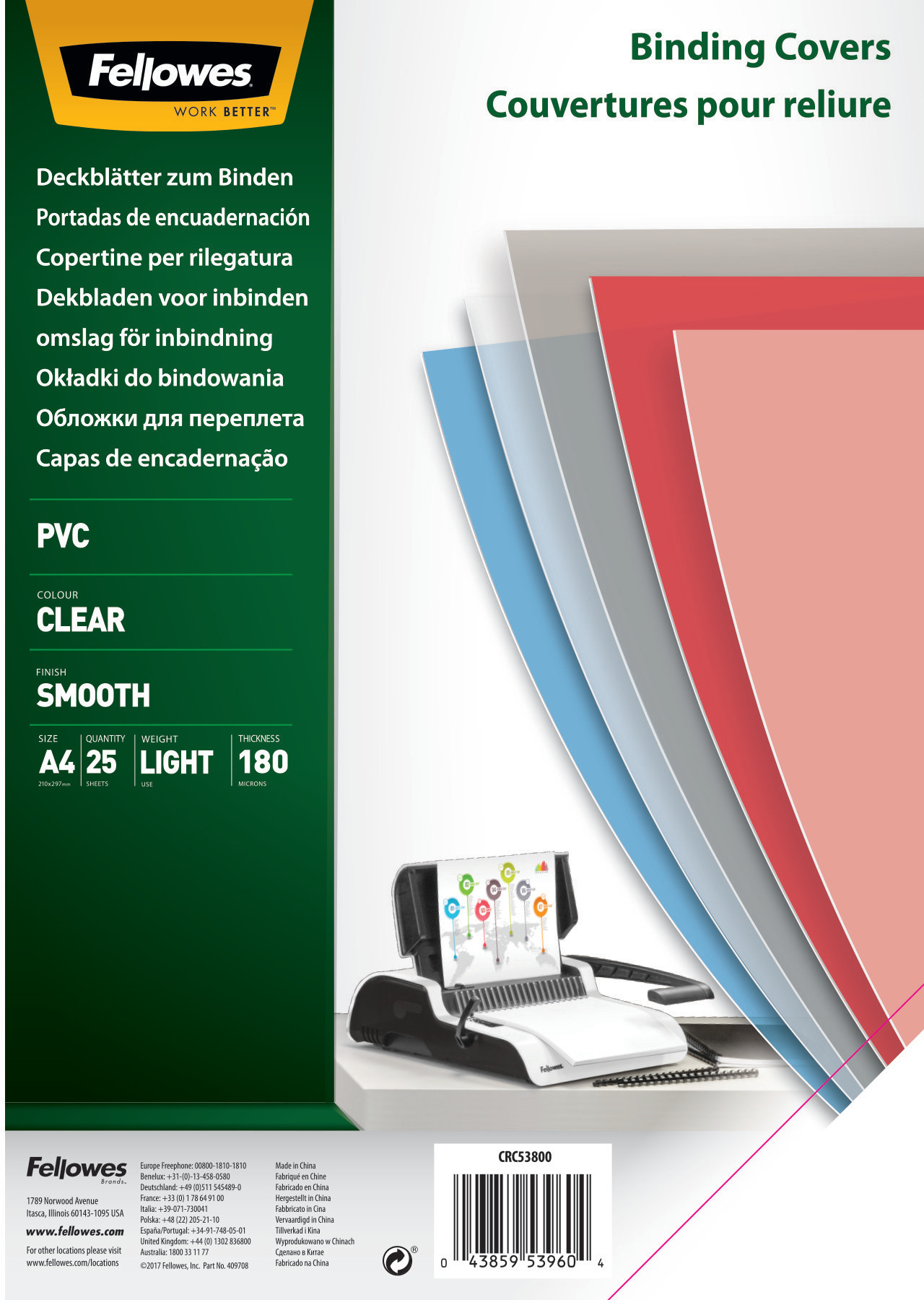 FELLOWES Deckblatt für Bindesysteme A4 5380001 transparent, 180my 25 Stück